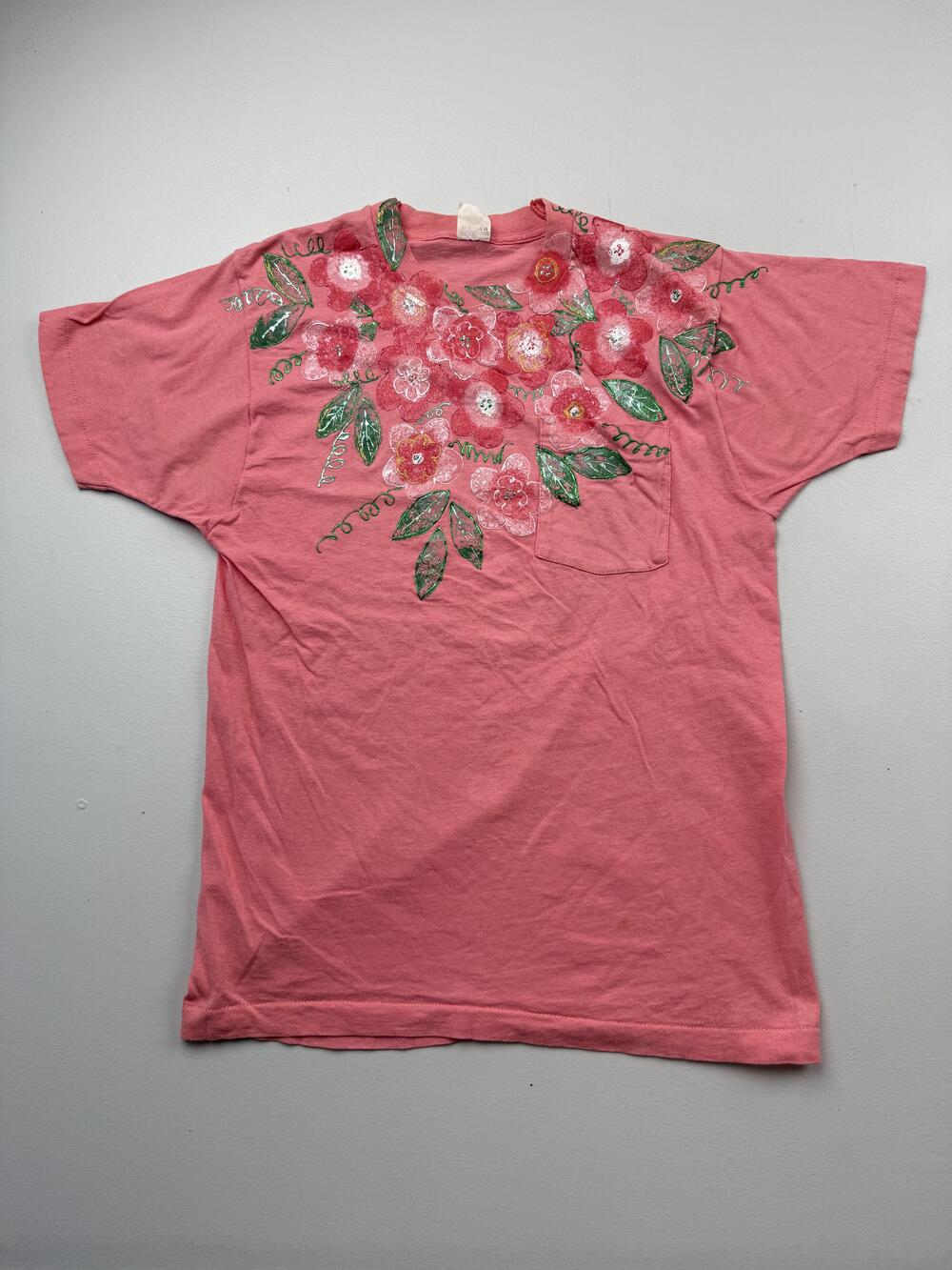 Vintage Fruit Of The Loom Shirt Womens Pink Crew Neck Floral Tee Top USA Read